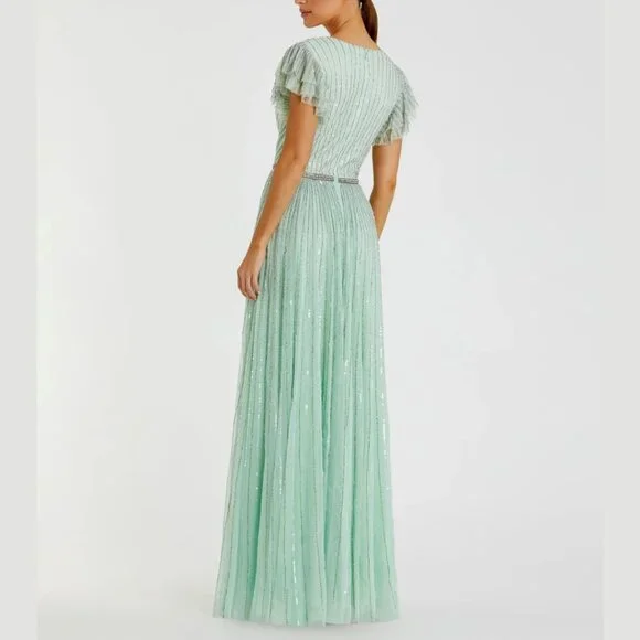 Mac Duggal 5502 Size 16 Light Green Sequined Ruffled Cap Sleeve Gown Maxi Dress - Picture 4 of 4
